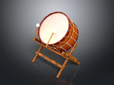 Handcrafted Wooden Drum With White Leather Drumhead And Brown Wooden Stand For Daily Household Use 3d model