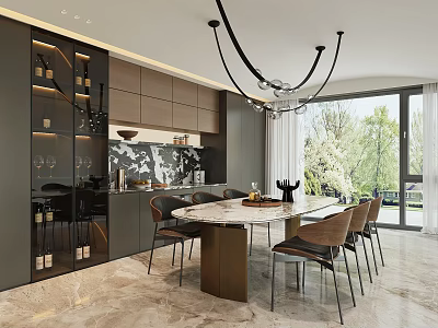 Elegant Modern Restaurant Interior With Marble Dining Table Brown Chairs And Greenery View 3d model