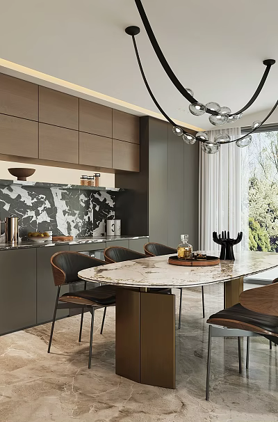 Elegant Modern Restaurant Interior With Marble Dining Table Brown Chairs And Greenery View 3d model