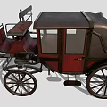 Antique Horse Carriage With Dark Red Body Black Spoked Wheels And Wooden Seats