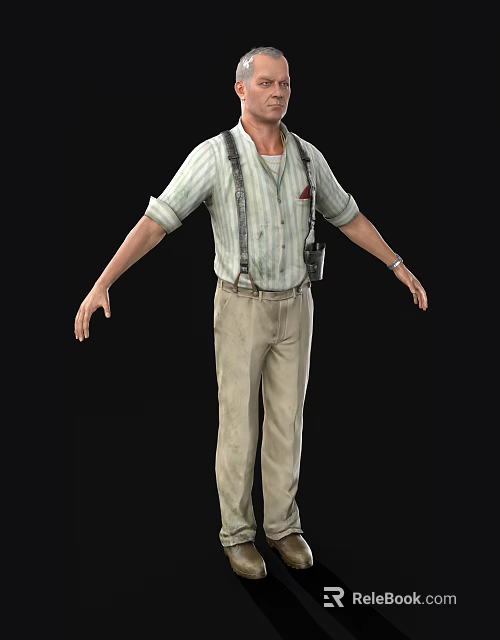 A Man Wearing Striped Shirt Suspenders Khaki Pants And Waist Pouch 3d model 