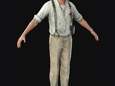 A Man Wearing Striped Shirt Suspenders Khaki Pants And Waist Pouch 3d model