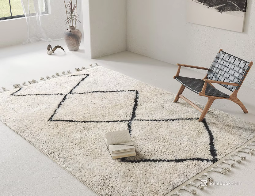 Ivory Square Rug With Black Geometric Pattern And Tassels Next To Woven Chair In Living Space 3d model 
