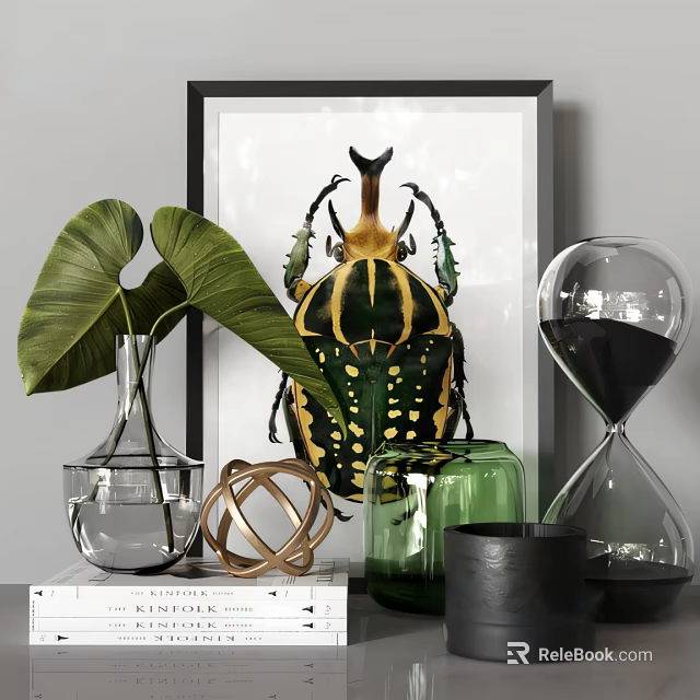 Elegant Decorative Ornament Set with Beetle Wall Art Green Leafy Plant Glass Vase and Hourglass 3d model 