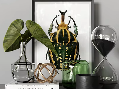 Elegant Decorative Ornament Set with Beetle Wall Art Green Leafy Plant Glass Vase and Hourglass 3d model