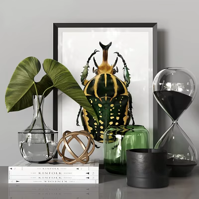 Elegant Decorative Ornament Set with Beetle Wall Art Green Leafy Plant Glass Vase and Hourglass 3d model