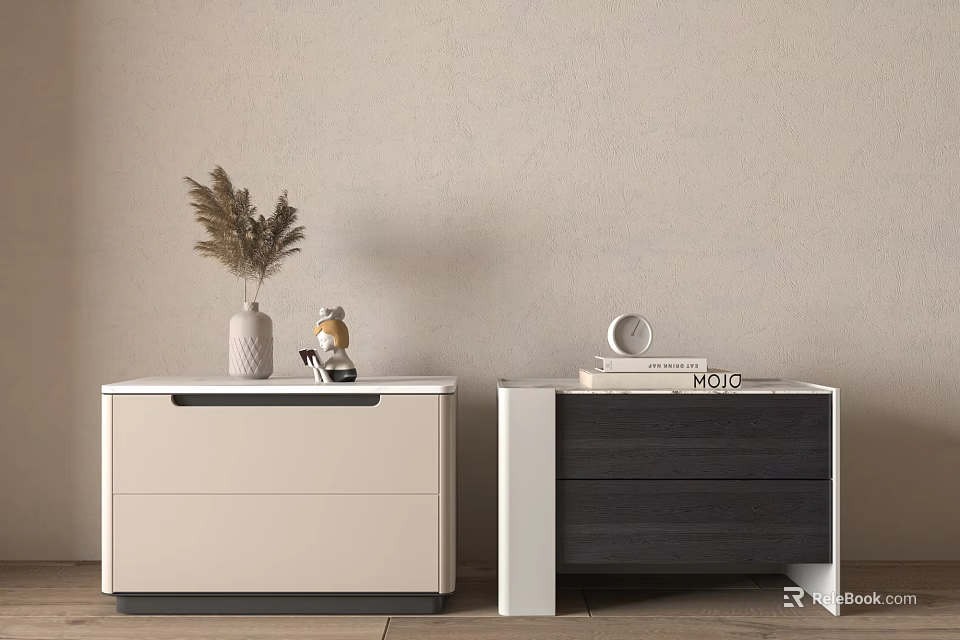 Modern Two Tone Bedside Tables With Drawers Vase Dried Flowers Alarm Clock And Books 3d model 