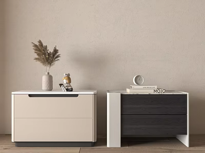 Modern Two Tone Bedside Tables With Drawers Vase Dried Flowers Alarm Clock And Books 3d model