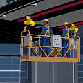 Urban Building Complex With Workers On Aerial Platform And Modern Glass Curtain Walls