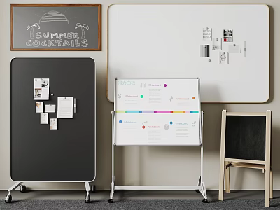 Assorted Display Boards Including Rolling Whiteboard Small Blackboard And Presentation Materials 3d model