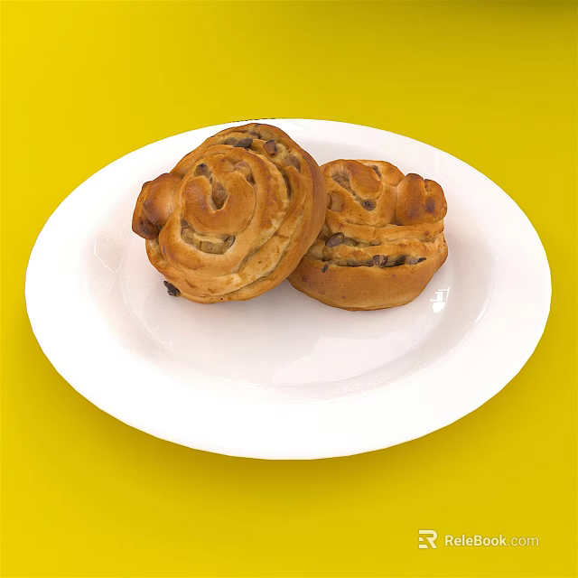 Fresh Baked Raisin Swirl Bread Rolls on White Plate with Bright Yellow Background 3d model 