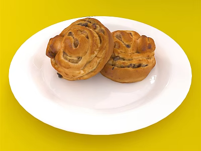 Fresh Baked Raisin Swirl Bread Rolls on White Plate with Bright Yellow Background 3d model