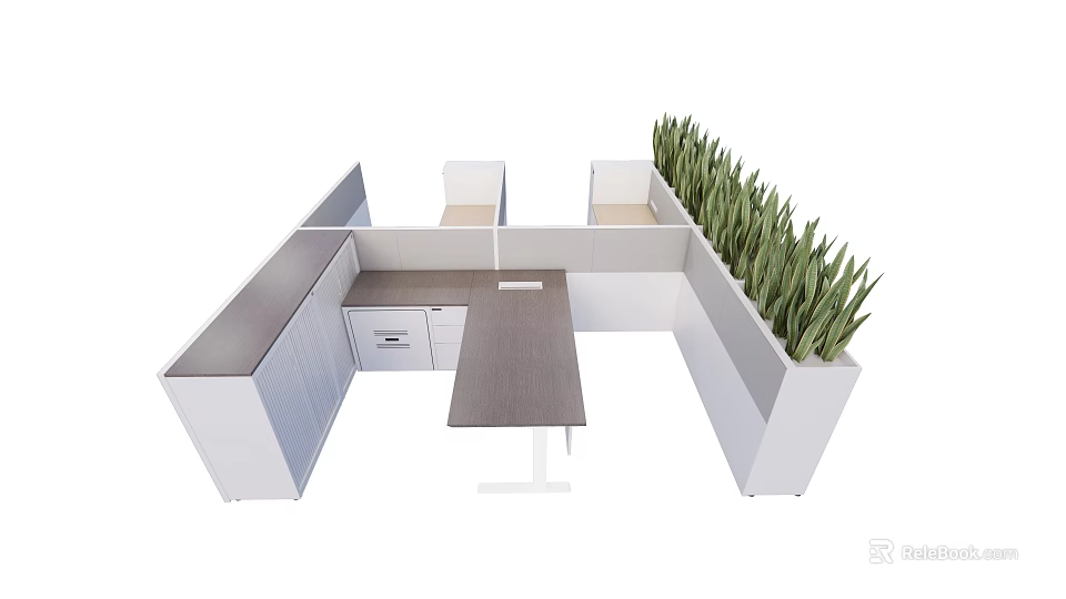 Modern Office Desk Workspace With Partition And Green Plants Setup 3d model 