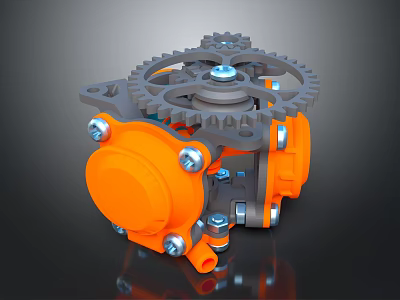 Industrial Mechanical Device With Interlocking Gears And Orange Components On Metal Frame 3d model