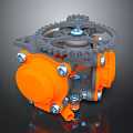 Industrial Mechanical Device With Interlocking Gears And Orange Components On Metal Frame 3d model