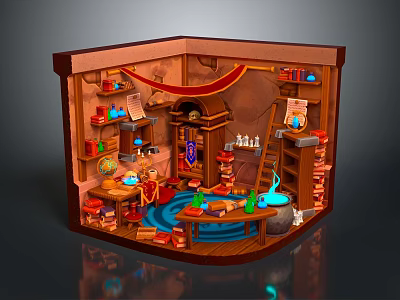 Cartoon Magical Wizard Workshop Interior With Wooden Shelves Books Bottles And Glowing Potion Cauldrons 3d model