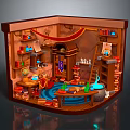 Cartoon Magical Wizard Workshop Interior With Wooden Shelves Books Bottles And Glowing Potion Cauldrons