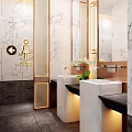 Modern Public Restroom Interior Design With Marble Walls Double Sinks And Mirrors 3d model