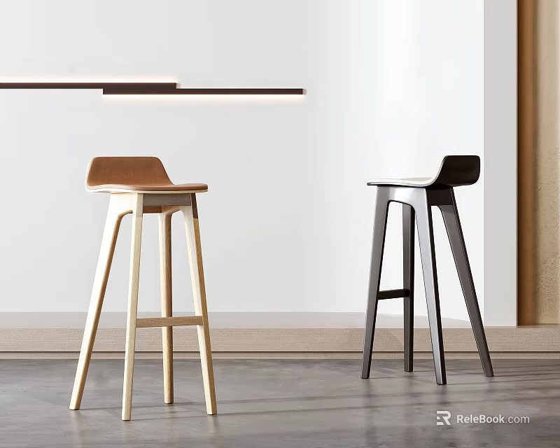 Minimalist Modern Bar Stools With Light Brown Wooden And Black Legs For Home Interior 3d model 