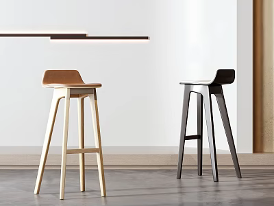 Minimalist Modern Bar Stools With Light Brown Wooden And Black Legs For Home Interior 3d model
