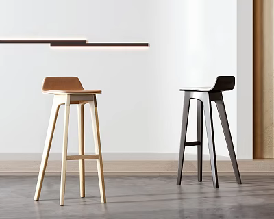 Minimalist Modern Bar Stools With Light Brown Wooden And Black Legs For Home Interior 3d model
