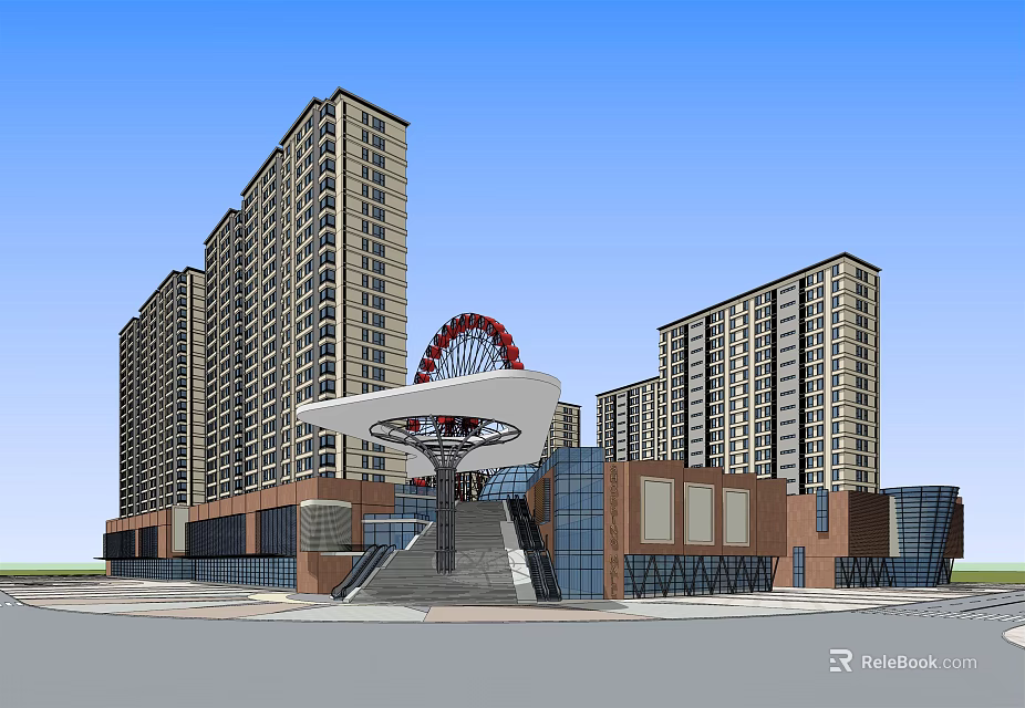 Modern High Rise Residential And Commercial Complex With Glass Facade Ferris Wheel And Steps 3d model 