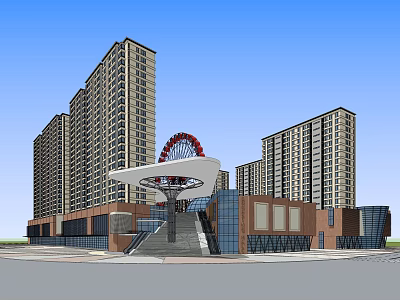 Modern High Rise Residential And Commercial Complex With Glass Facade Ferris Wheel And Steps 3d model