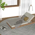Wooden Frame Lounge Chair With White Cushion Striped Blanket Yellow Pillow On Round Woven Rug