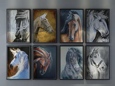 Eight Framed Horse Animal Paintings Wall Art Display With Various Styles 3d model