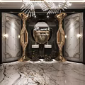 Luxurious Upscale Bathroom Interior Design With Gorgeous Golden Decorations Marble Flooring And Freestanding White Bathtub