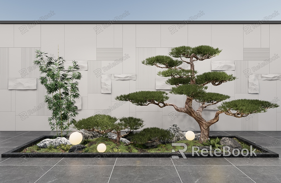 Courtyard sketch interior landscape landscape pine plant combination stone background wall model