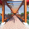 Traditional Chinese Garden Landscape With Wooden Corridor Red Lanterns Willow Trees And Waterfront Reflections
