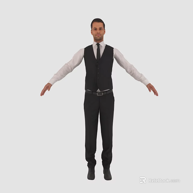Man Wearing Black Vest White Shirt Black Pants And Tie Standing With Arms Outstretched 3d model 