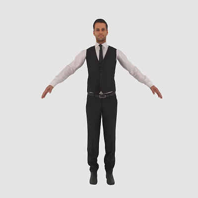 Man Wearing Black Vest White Shirt Black Pants And Tie Standing With Arms Outstretched 3d model