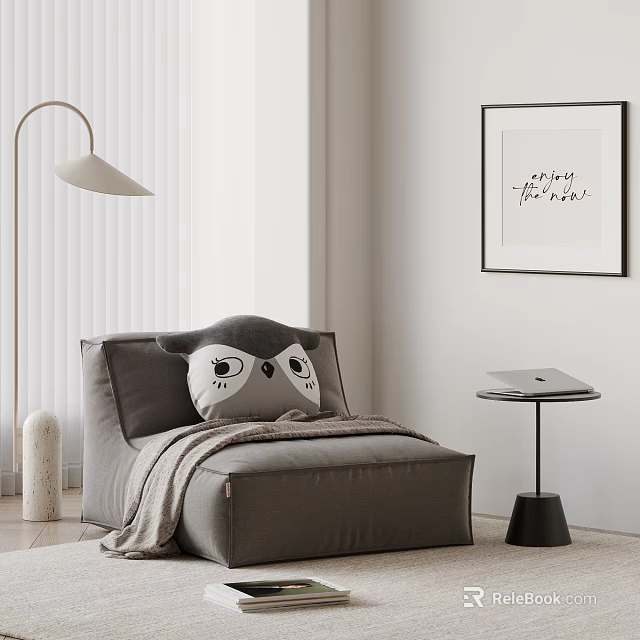 Modern Minimalist Lazy Sofa With Owl Pillow Floor Lamp And White Blinds Wall Art 3d model