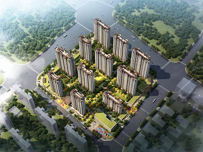 Aerial View Planning of Modern Residential Complex with High Rise Buildings and Green Spaces 3d model