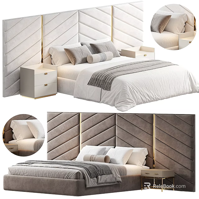 Double Bed with Chevron Velvet Headboard and Modern Bedside Tables in Neutral Tones 3d model 