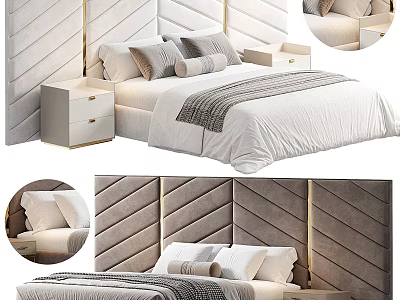 Double Bed with Chevron Velvet Headboard and Modern Bedside Tables in Neutral Tones 3d model