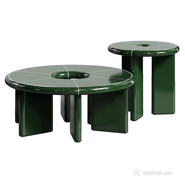 Two Modern Green Round Coffee Tables With Segmented Top And Sturdy Legs 3d model