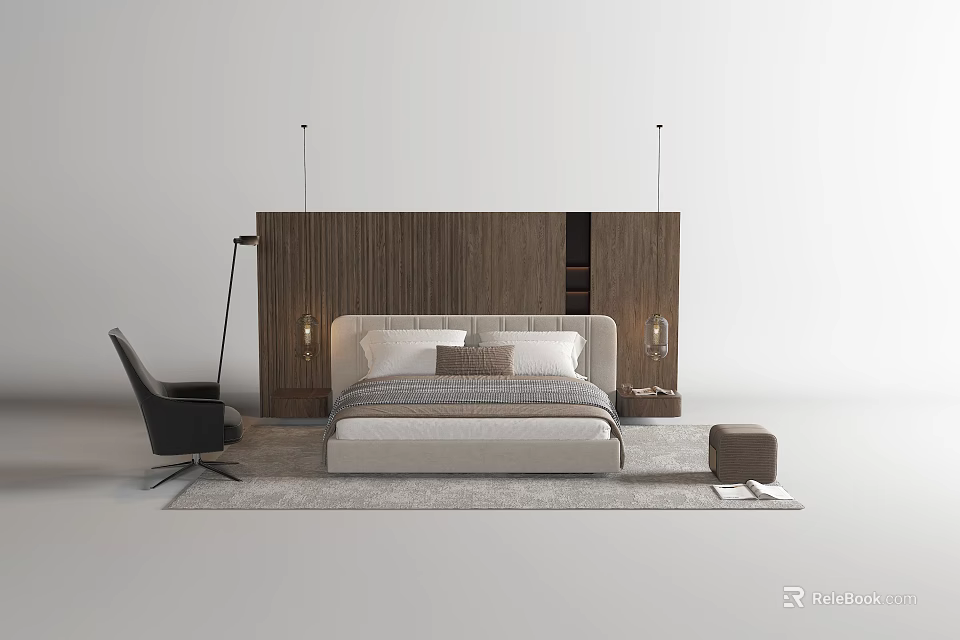 Modern Double Bed Interior With Wooden Headboard Hanging Lights Armchair And Rug 3d model 