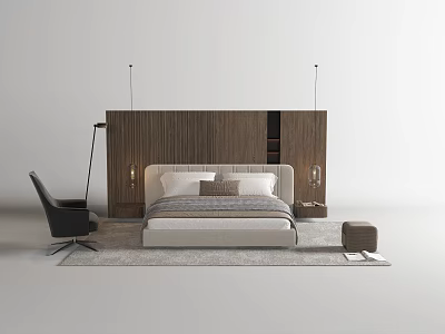 Modern Double Bed Interior With Wooden Headboard Hanging Lights Armchair And Rug 3d model
