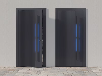 Black Security Doors Featuring Vertical Stripes And Blue Glass Panels On Stone Floor 3d model