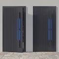 Black Security Doors Featuring Vertical Stripes And Blue Glass Panels On Stone Floor