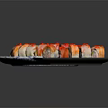 Sliced Sushi Rolls On Blue White Wave Plate With Chopsticks Wasabi And Black Plate Roll