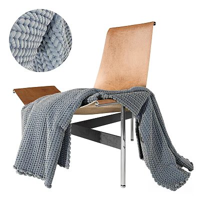 Cozy Modern Accent Chair With Leather Seat Wooden Back And Gray Knit Blanket 3d model
