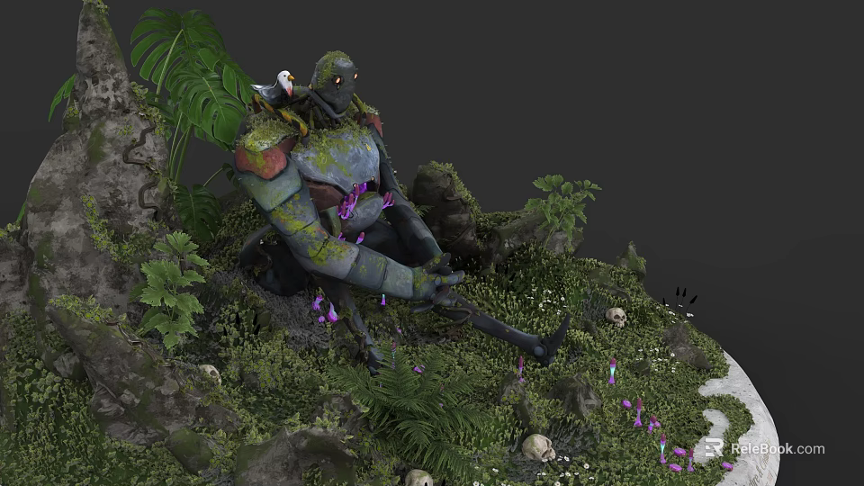 Moss Covered Tree Creature With White Bird Lush Greenery Skulls Purple Flowers And Rocks 3d model 