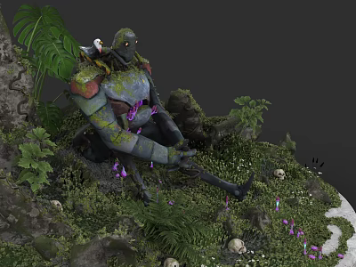 Moss Covered Tree Creature With White Bird Lush Greenery Skulls Purple Flowers And Rocks 3d model