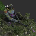Moss Covered Tree Creature With White Bird Lush Greenery Skulls Purple Flowers And Rocks