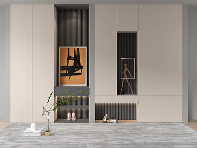 Modern Shoe Cabinet Design With Multiple Cabinets Artwork And Decorative Plant 3d model