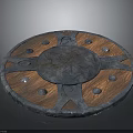 Rustic Medieval Decorative Shield With Metal Frame Wooden Base Ornate Rivets And Engraved Patterns